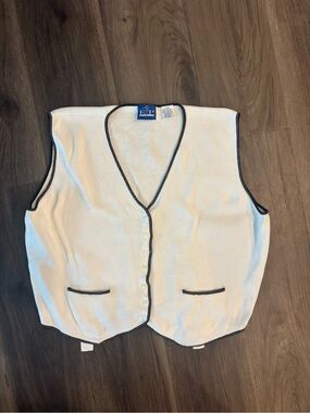Vintage White Button-Up Knit Vest with Black Trim